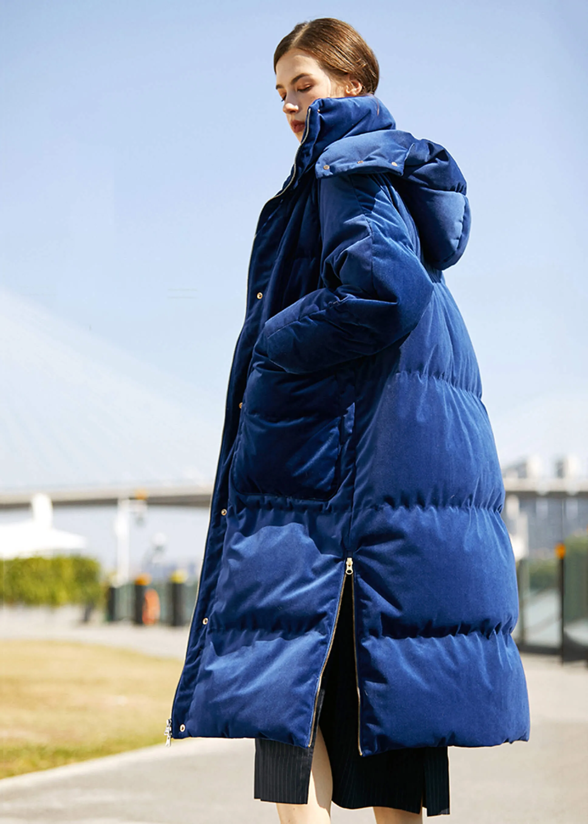 Blue Velvet Hooded Long Down Puffer Parka Coat