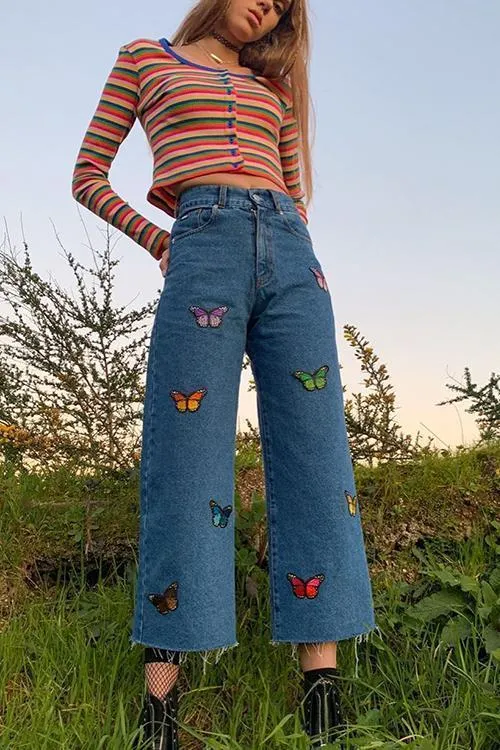 Butterfly Embroidery Wide Leg Jeans