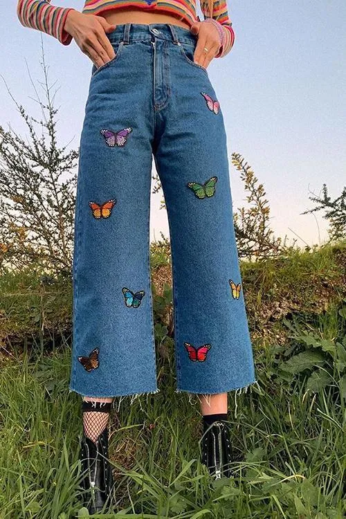 Butterfly Embroidery Wide Leg Jeans