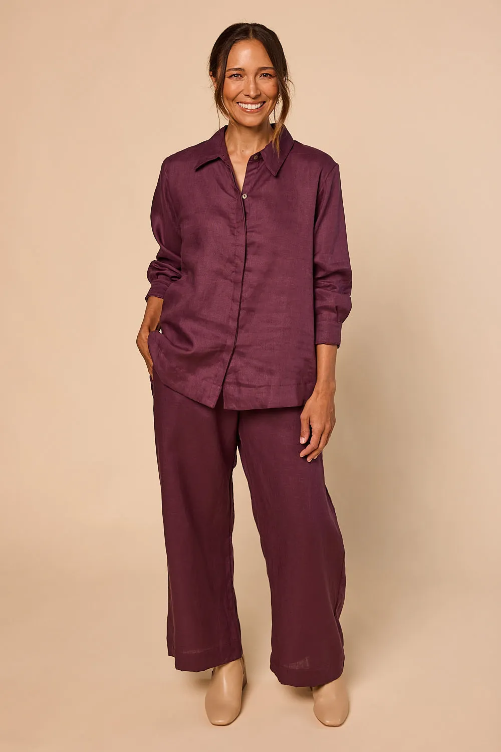 Camille Linen Wide Leg Pant in Plum