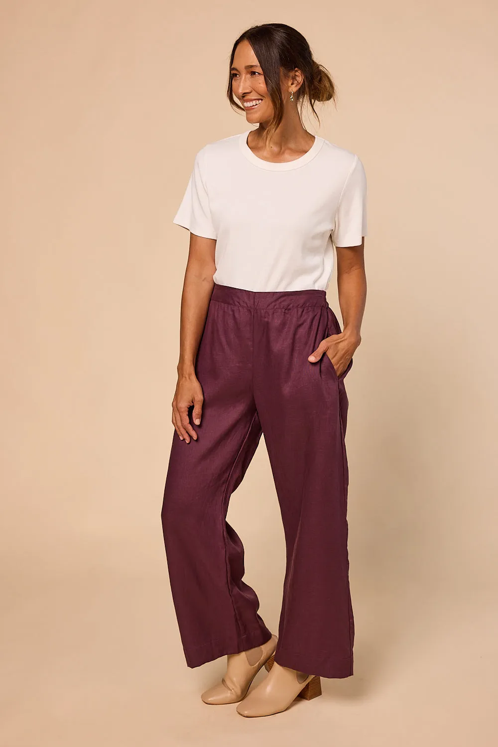 Camille Linen Wide Leg Pant in Plum