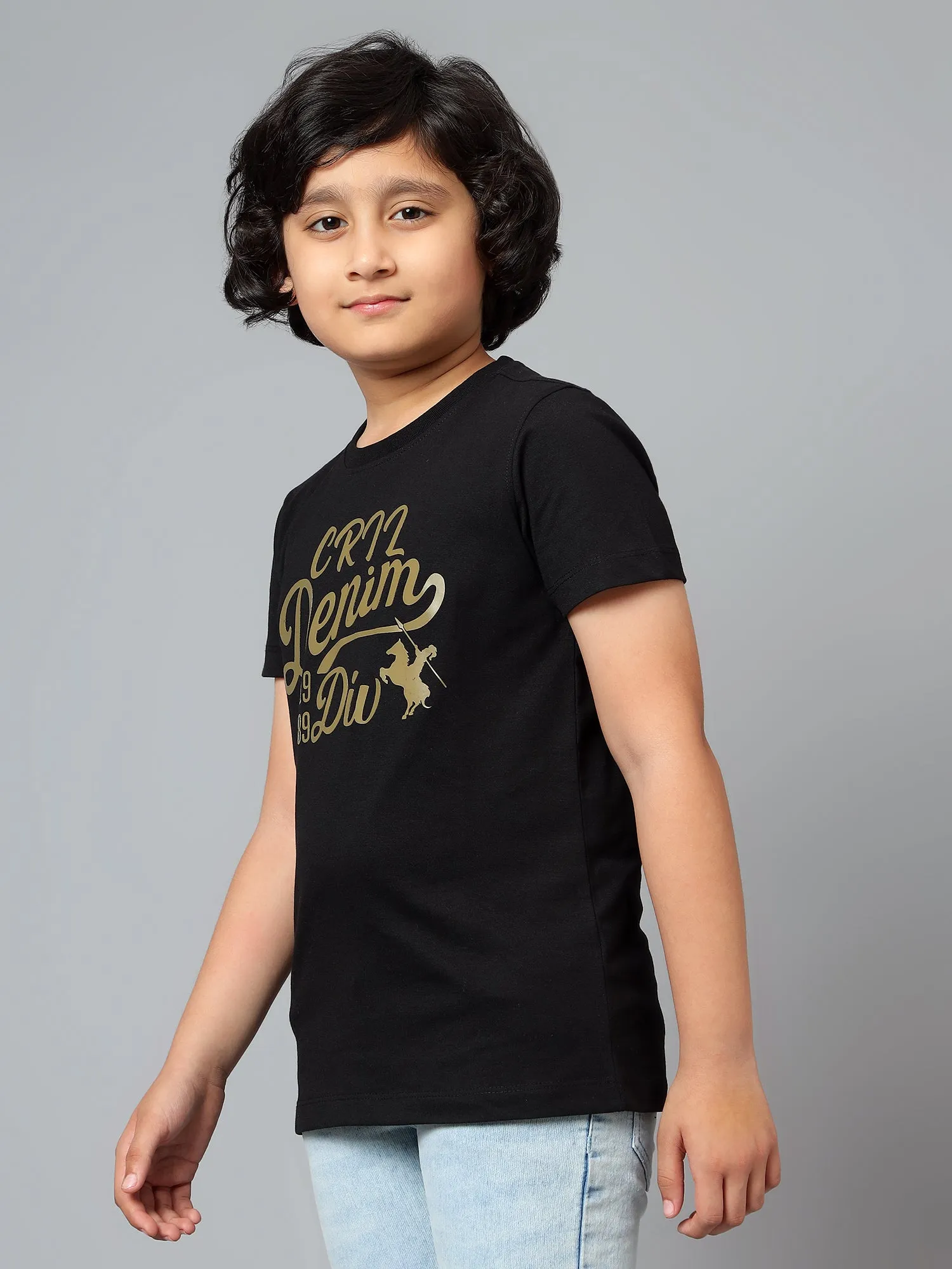 Cantabil Boy's Black Printed Round Neck Half Sleeve T-shirt