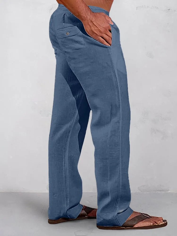 Casual Solid Elastic Waist Cotton Linen Straight Pants