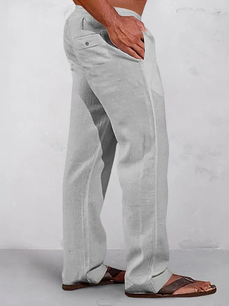 Casual Solid Elastic Waist Cotton Linen Straight Pants