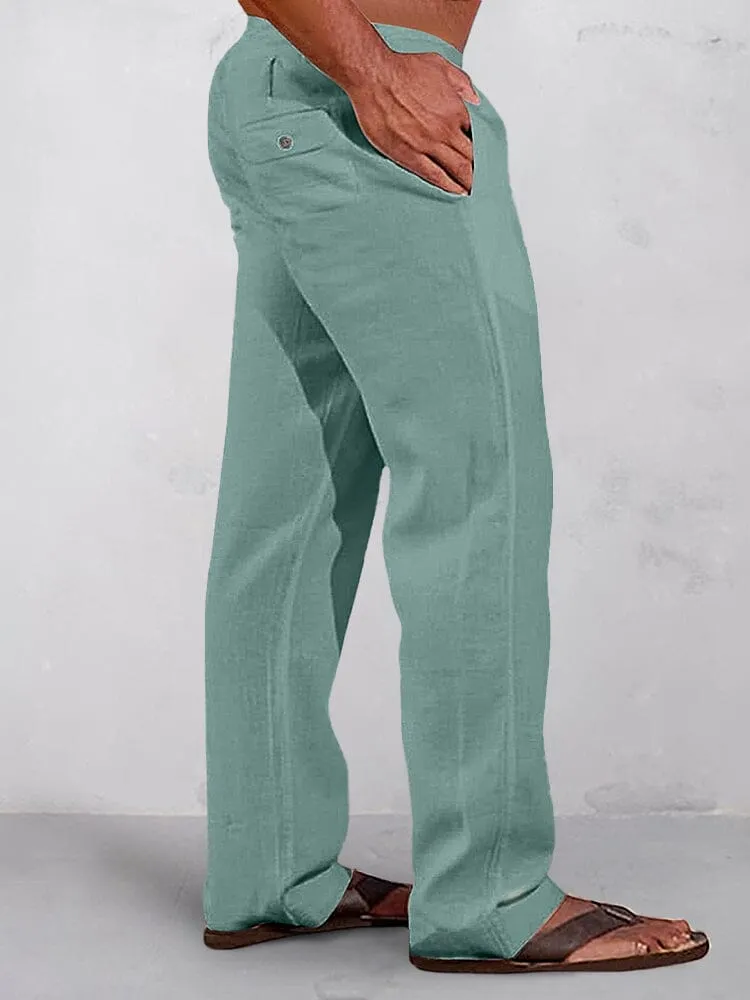 Casual Solid Elastic Waist Cotton Linen Straight Pants