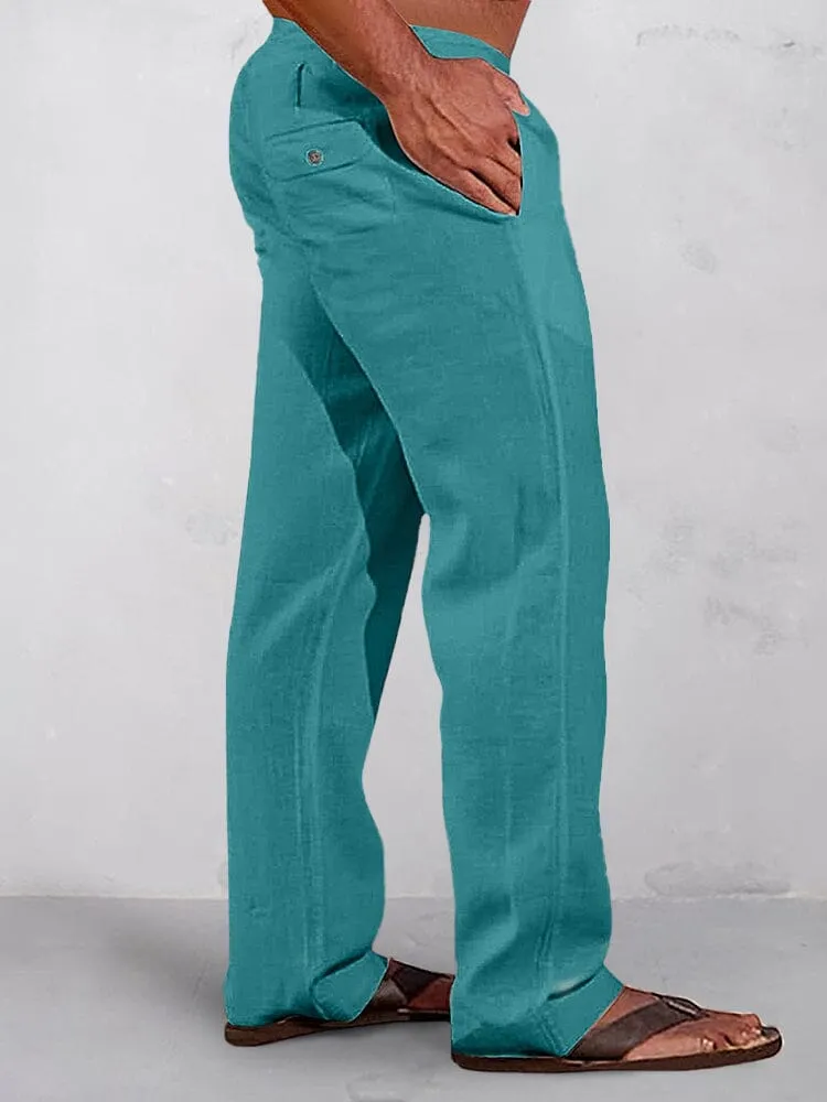 Casual Solid Elastic Waist Cotton Linen Straight Pants