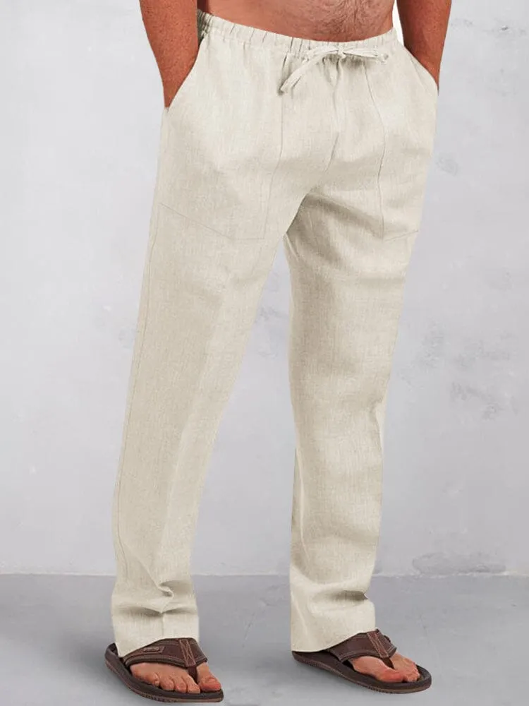 Casual Solid Elastic Waist Cotton Linen Straight Pants