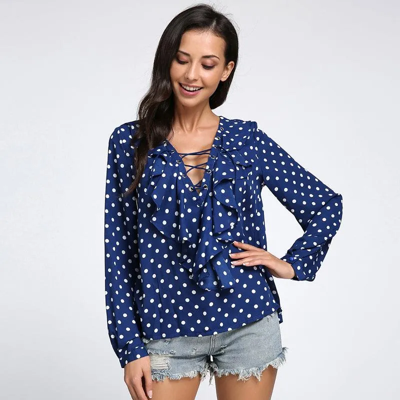 CHIFFON RUFFLED COLLAR LACE-UP TOP