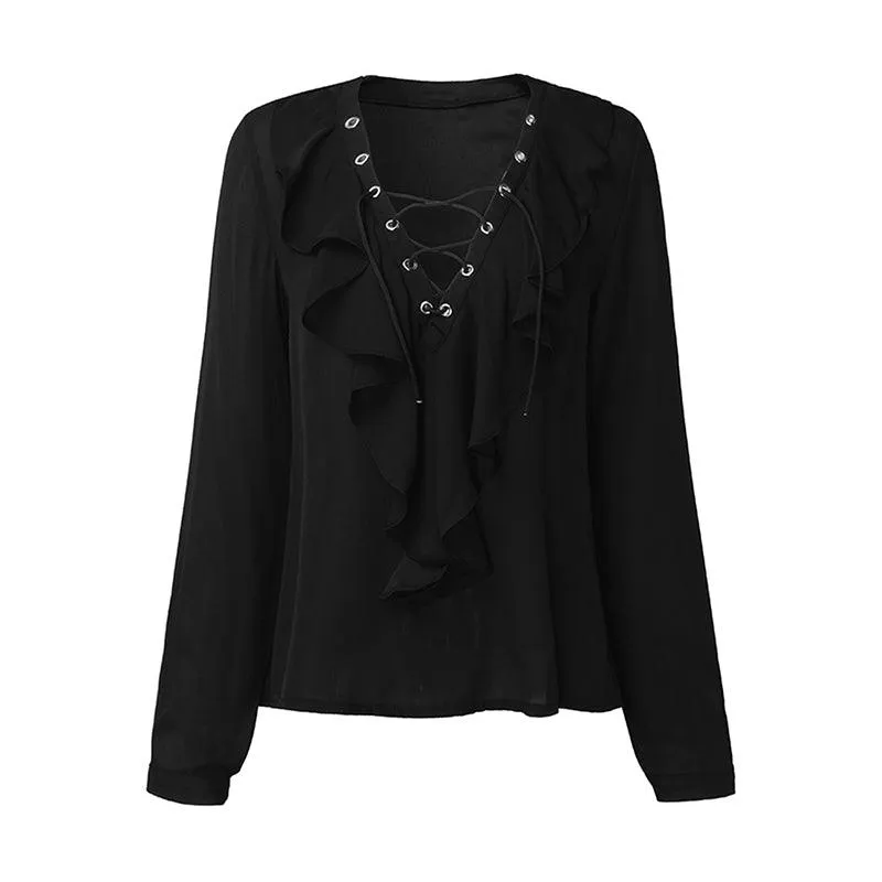 CHIFFON RUFFLED COLLAR LACE-UP TOP