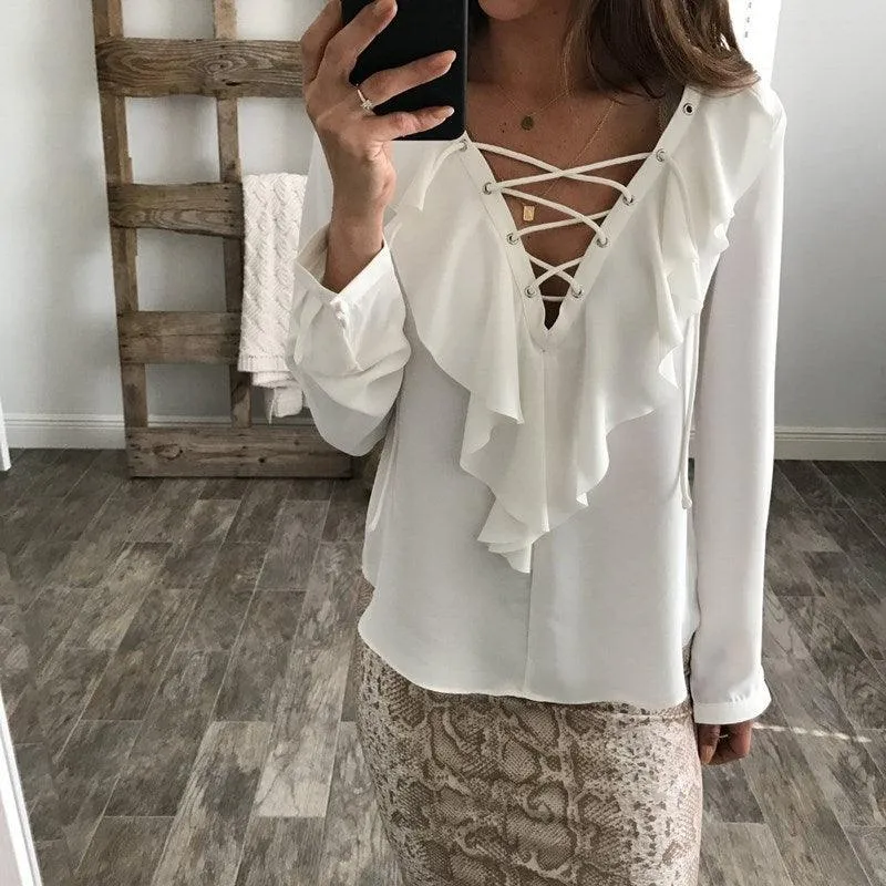 CHIFFON RUFFLED COLLAR LACE-UP TOP