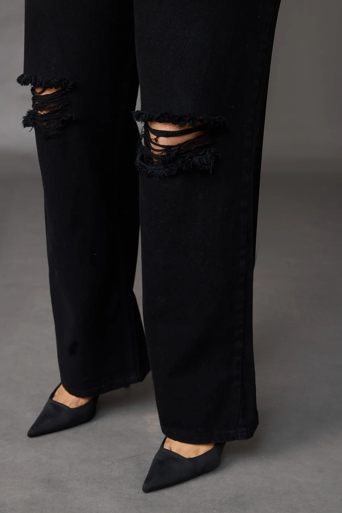 Curve City Girls Black Distressed Wide Leg Jeans