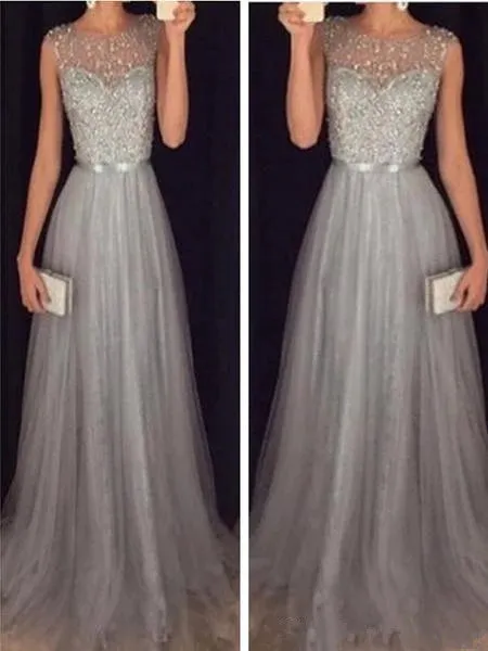 Custom Made A Line Round Neck Sleeveless Grey Prom Dresses With Sweep Train, Grey Formal Dresses