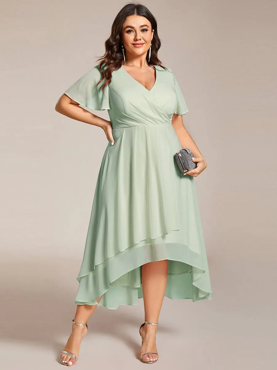 Custom Size Ruffles Sleeve Pleated V-Neck A-Line Midi Chiffon Wedding Guest Dress