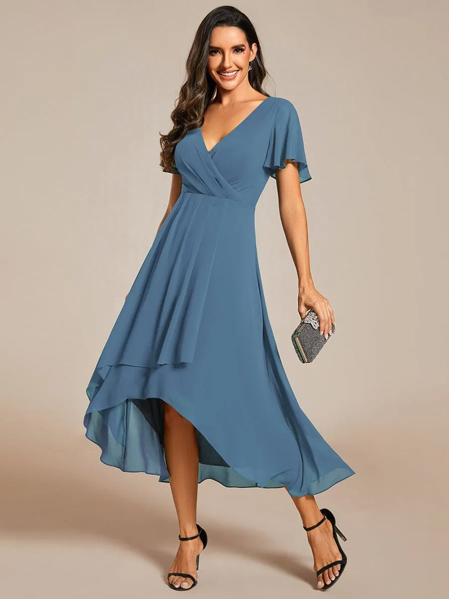 Custom Size Ruffles Sleeve Pleated V-Neck A-Line Midi Chiffon Wedding Guest Dress