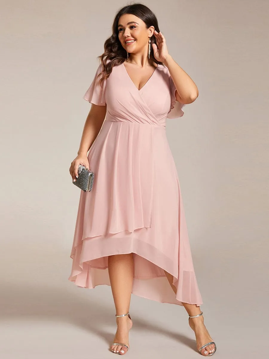 Custom Size Ruffles Sleeve Pleated V-Neck A-Line Midi Chiffon Wedding Guest Dress