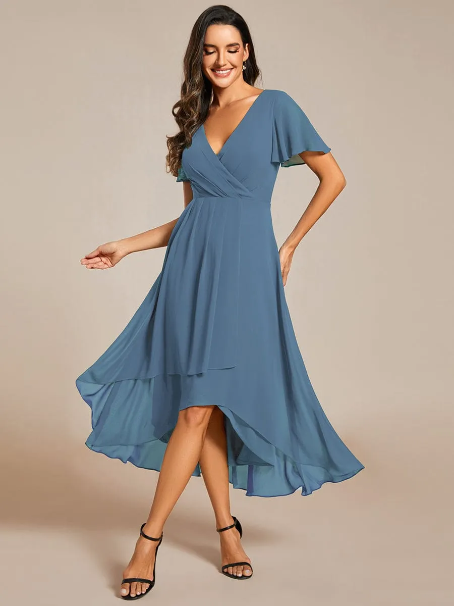 Custom Size Ruffles Sleeve Pleated V-Neck A-Line Midi Chiffon Wedding Guest Dress