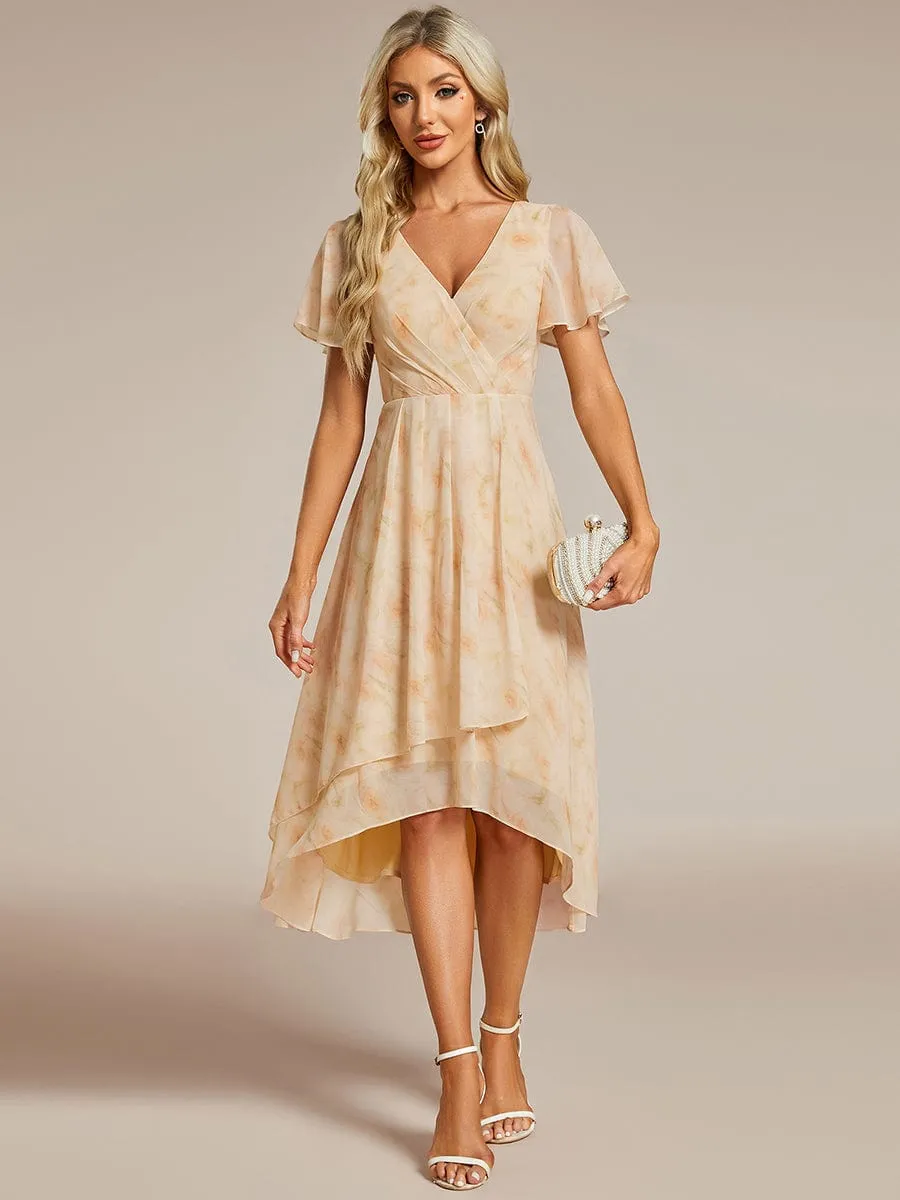 Custom Size Ruffles Sleeve Pleated V-Neck A-Line Midi Chiffon Wedding Guest Dress