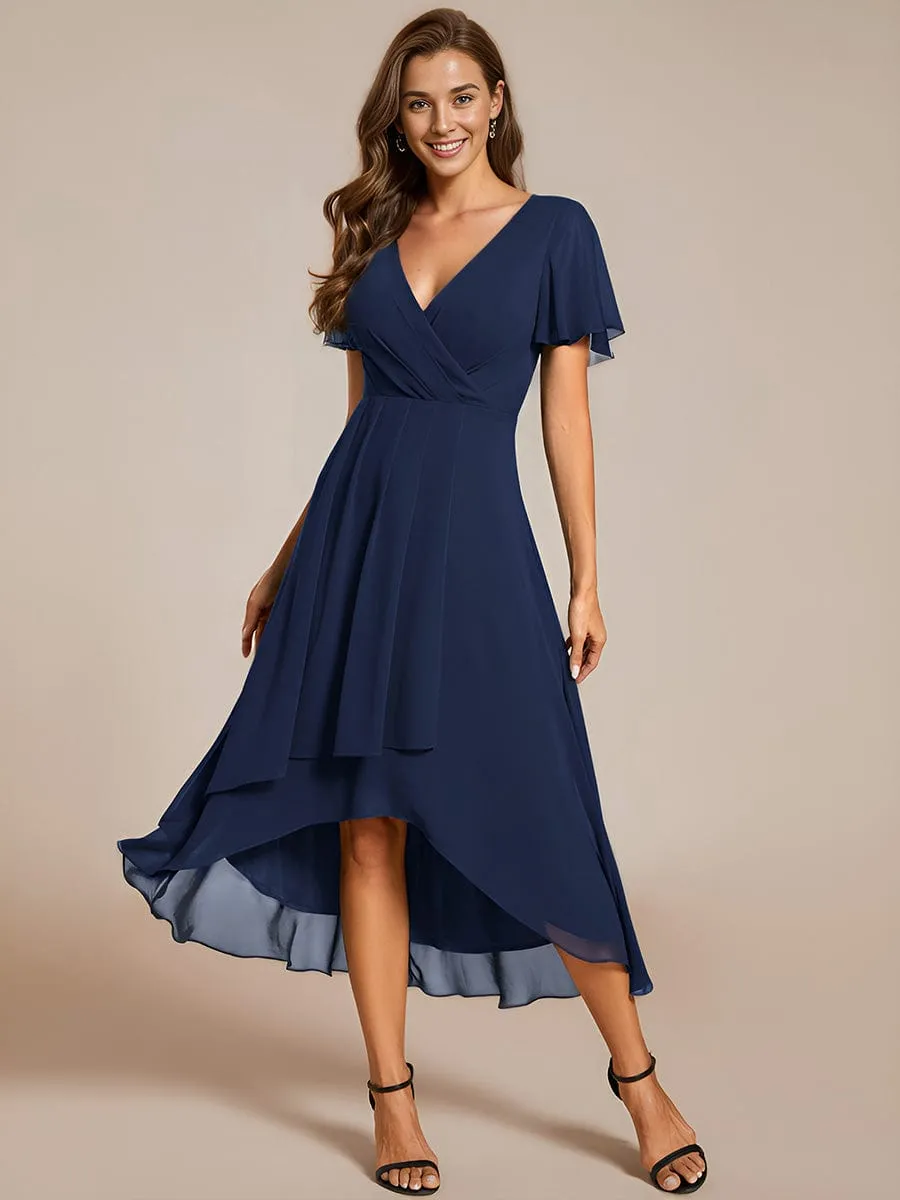 Custom Size Ruffles Sleeve Pleated V-Neck A-Line Midi Chiffon Wedding Guest Dress