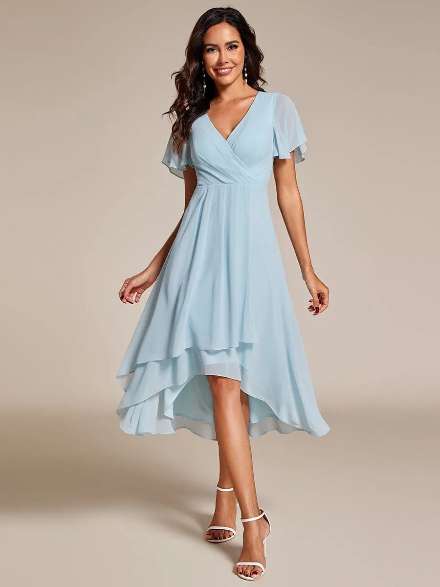 Custom Size Ruffles Sleeve Pleated V-Neck A-Line Midi Chiffon Wedding Guest Dress