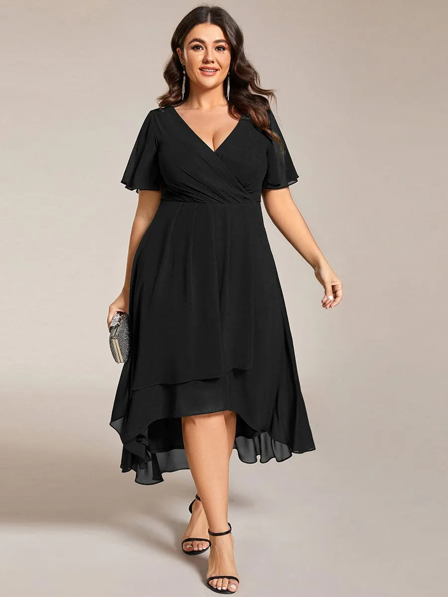 Custom Size Ruffles Sleeve Pleated V-Neck A-Line Midi Chiffon Wedding Guest Dress