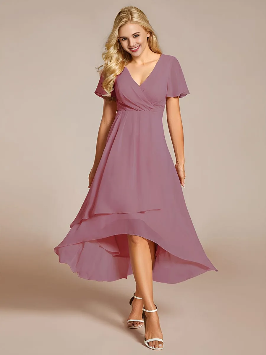 Custom Size Ruffles Sleeve Pleated V-Neck A-Line Midi Chiffon Wedding Guest Dress