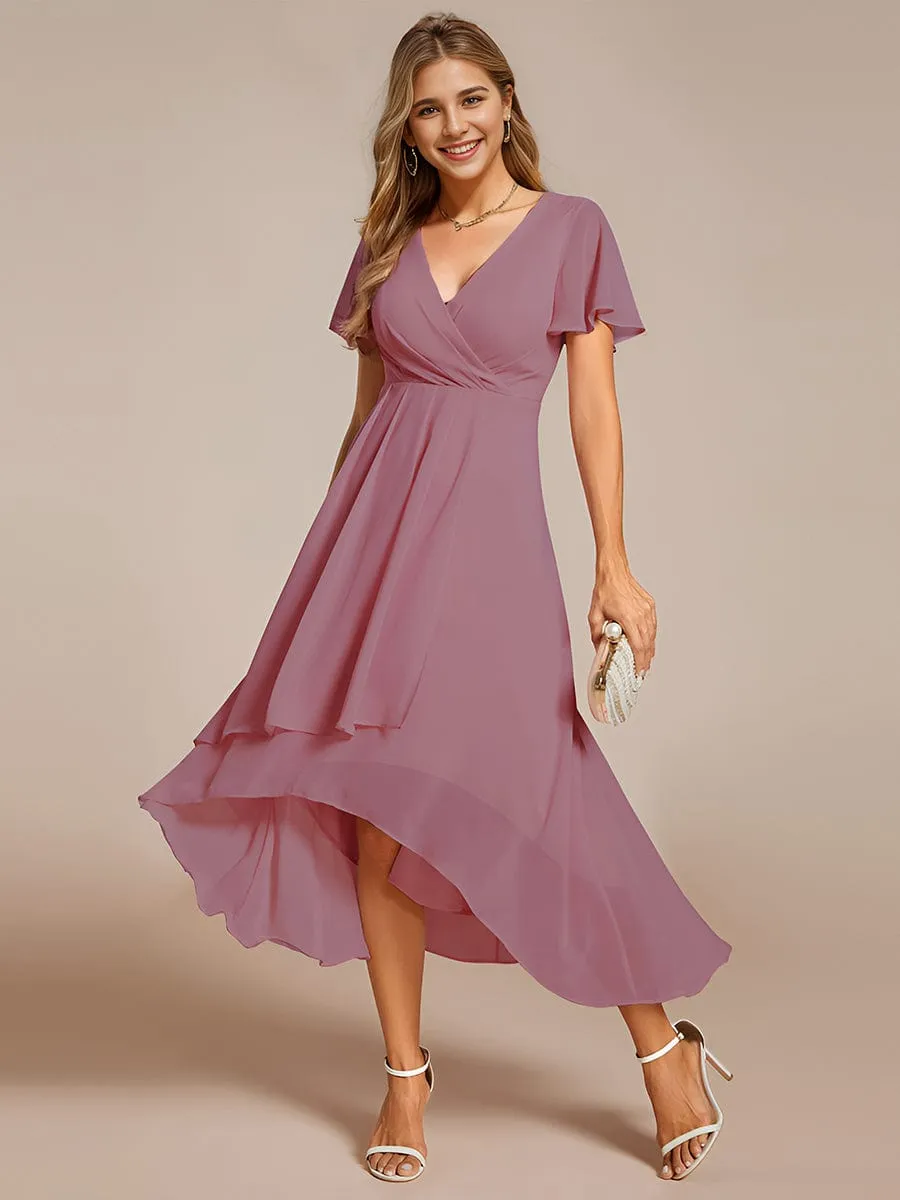 Custom Size Ruffles Sleeve Pleated V-Neck A-Line Midi Chiffon Wedding Guest Dress