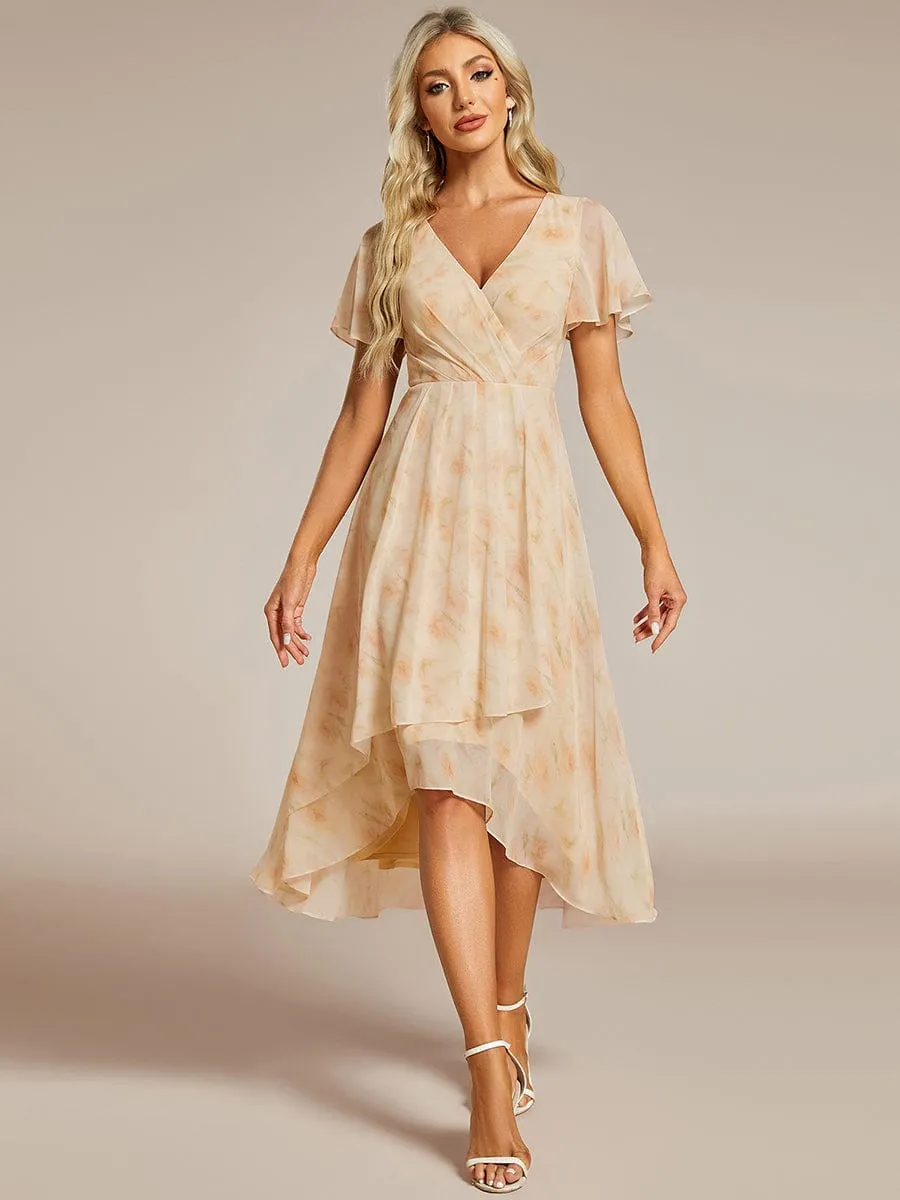 Custom Size Ruffles Sleeve Pleated V-Neck A-Line Midi Chiffon Wedding Guest Dress