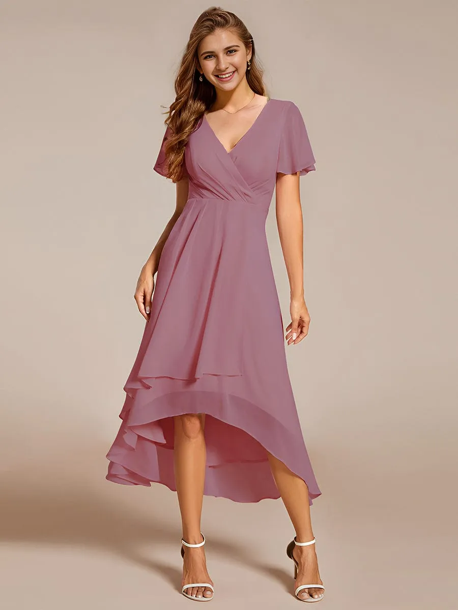 Custom Size Ruffles Sleeve Pleated V-Neck A-Line Midi Chiffon Wedding Guest Dress