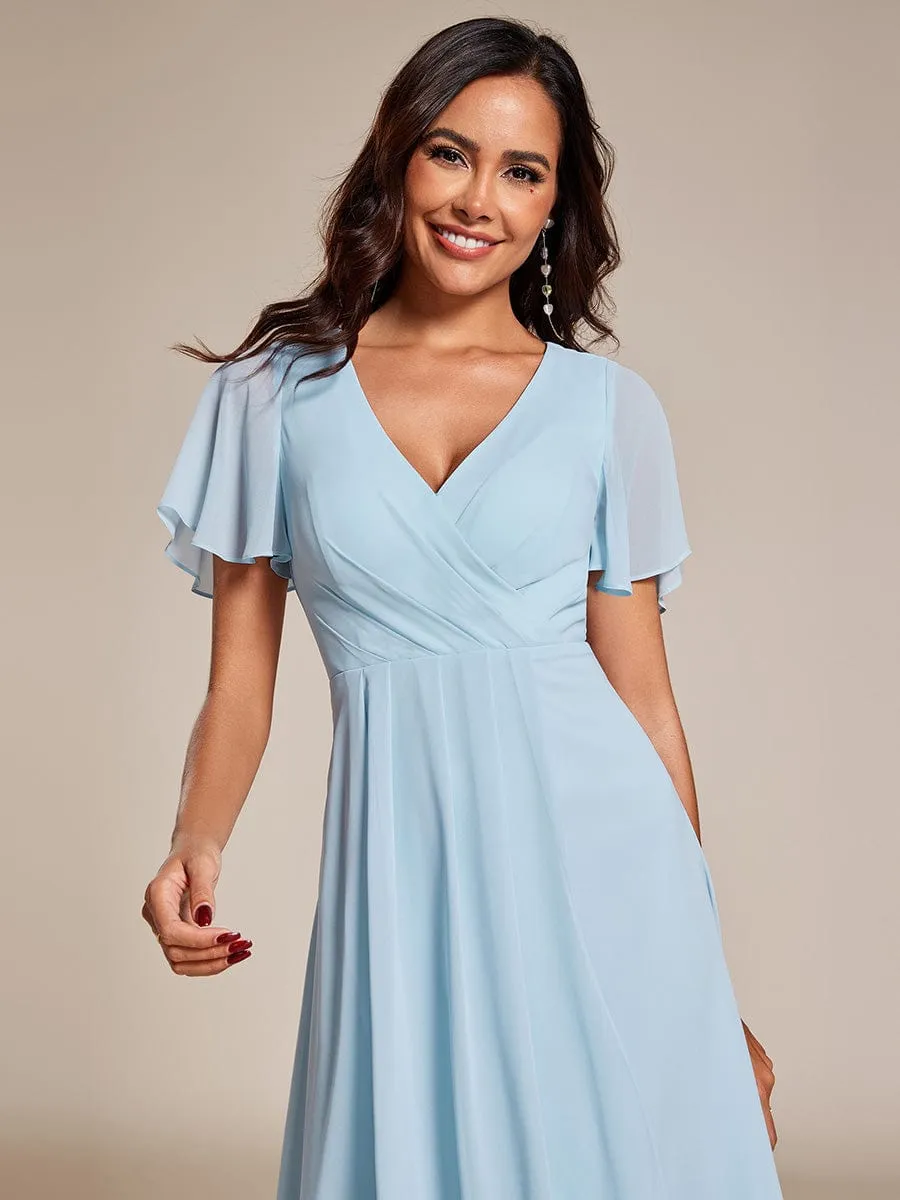 Custom Size Ruffles Sleeve Pleated V-Neck A-Line Midi Chiffon Wedding Guest Dress