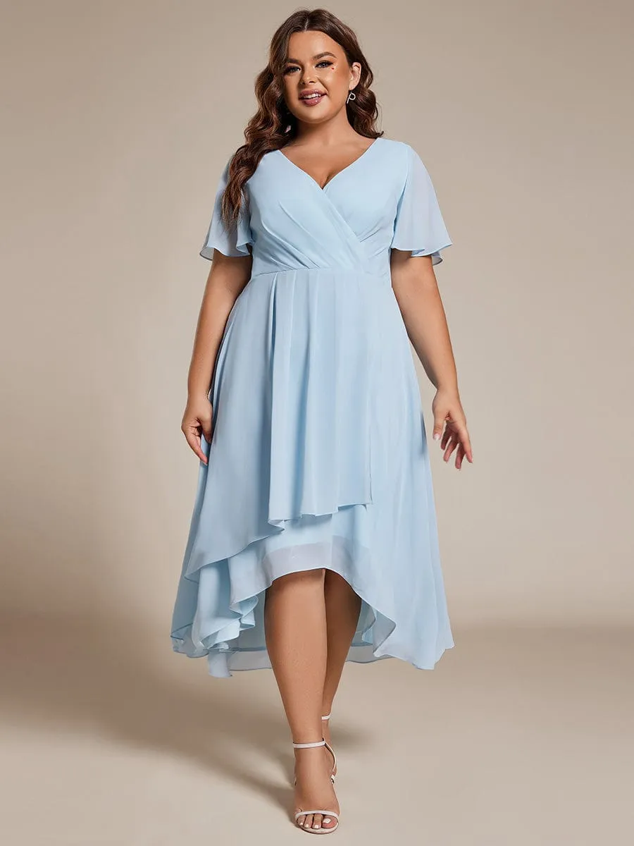 Custom Size Ruffles Sleeve Pleated V-Neck A-Line Midi Chiffon Wedding Guest Dress