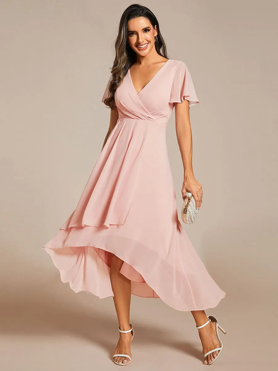 Custom Size Ruffles Sleeve Pleated V-Neck A-Line Midi Chiffon Wedding Guest Dress