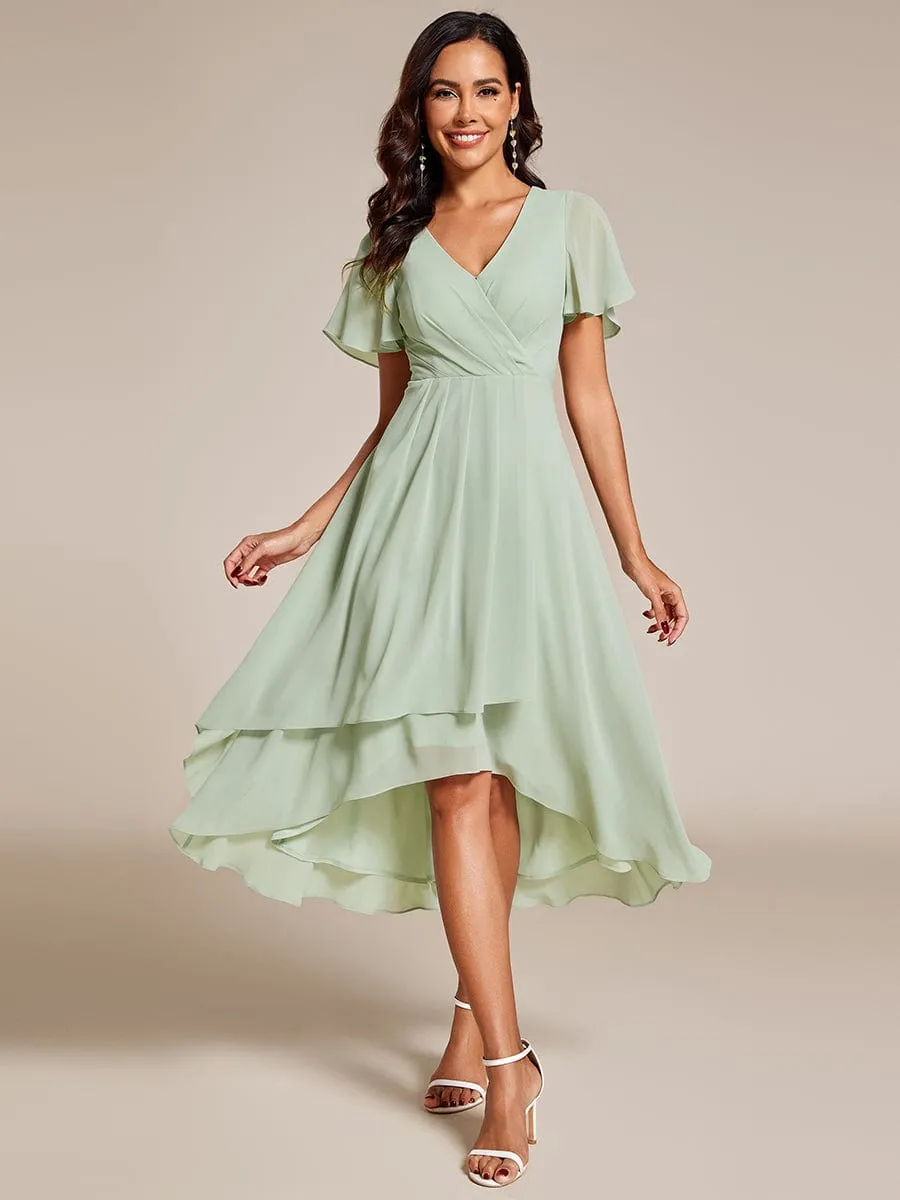 Custom Size Ruffles Sleeve Pleated V-Neck A-Line Midi Chiffon Wedding Guest Dress