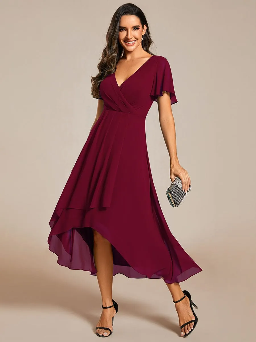 Custom Size Ruffles Sleeve Pleated V-Neck A-Line Midi Chiffon Wedding Guest Dress