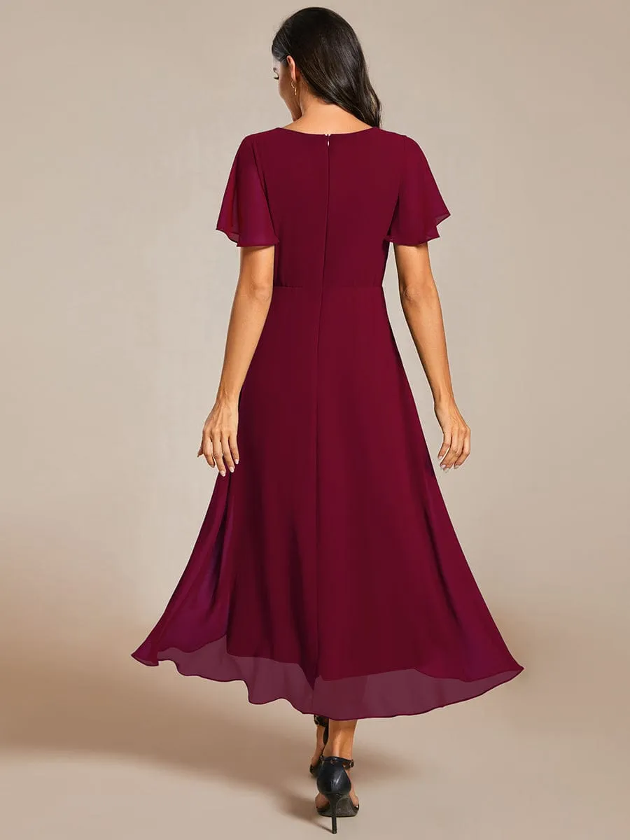 Custom Size Ruffles Sleeve Pleated V-Neck A-Line Midi Chiffon Wedding Guest Dress