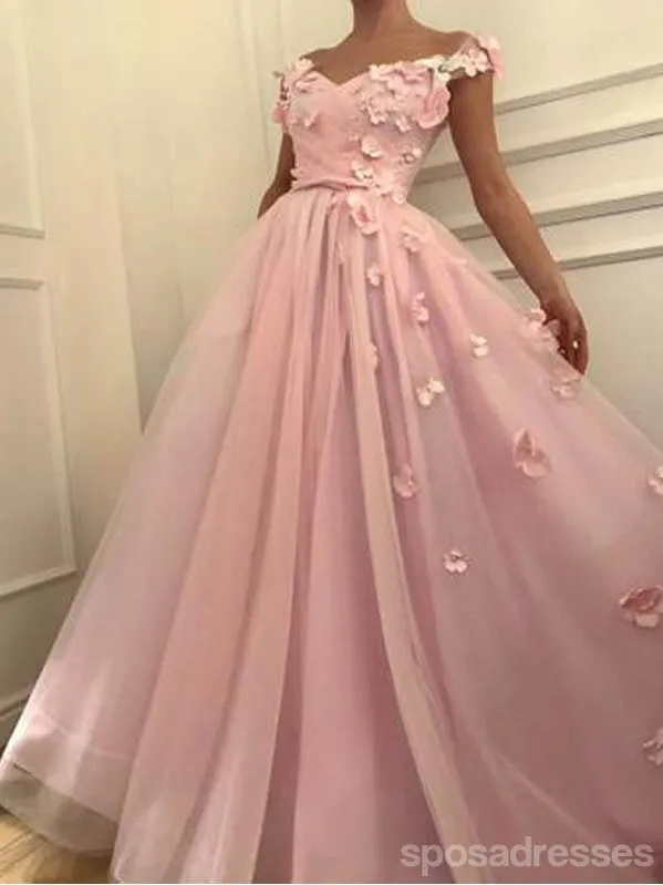 Cute Floral Pink A-line Off Shoulder Cheap Long Prom Dresses Online,12683