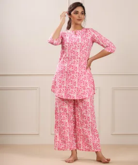 Daabu floral on White Cotton Loungewear Set