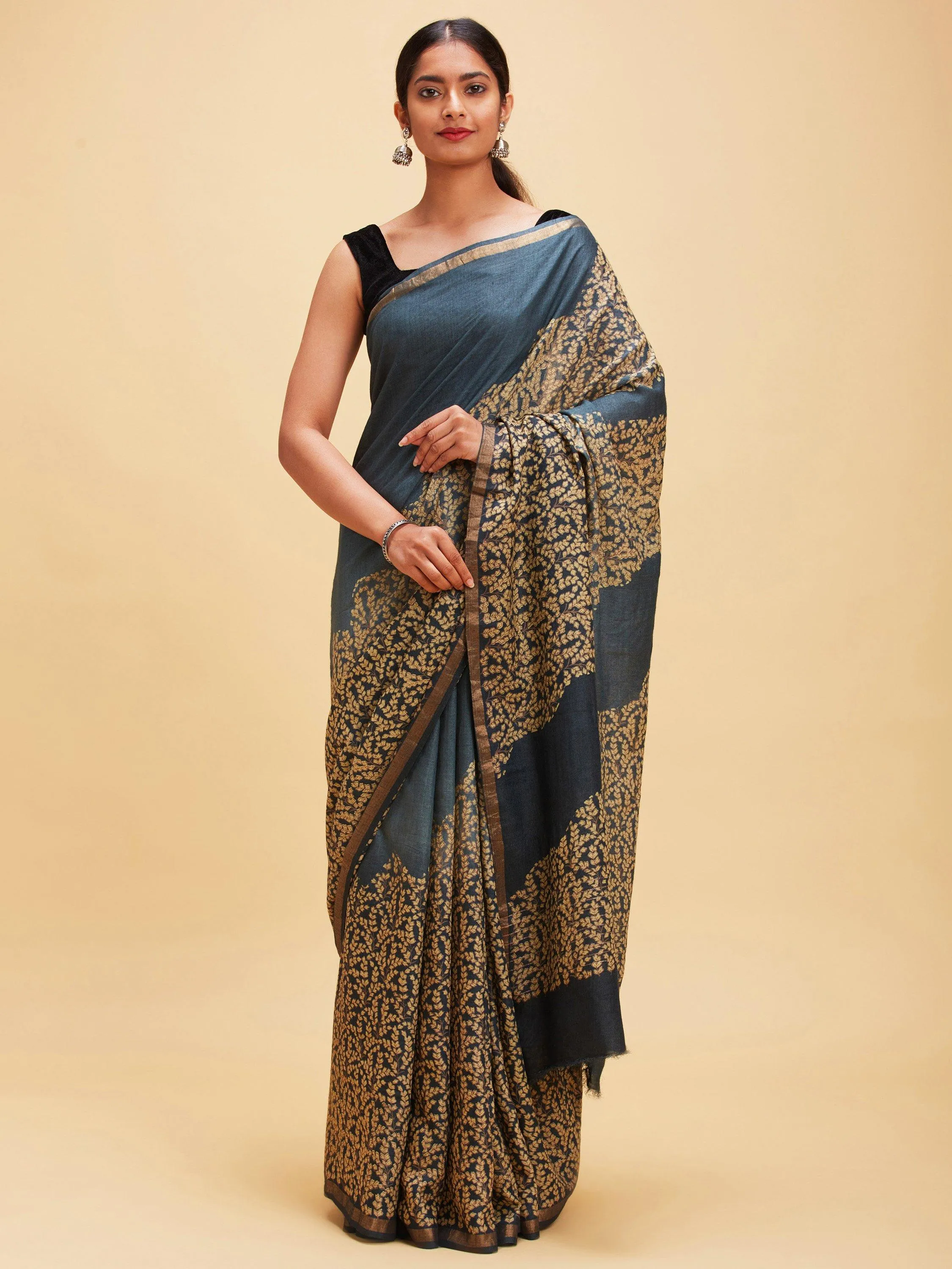 Dark Grey Tussar Silk Sari