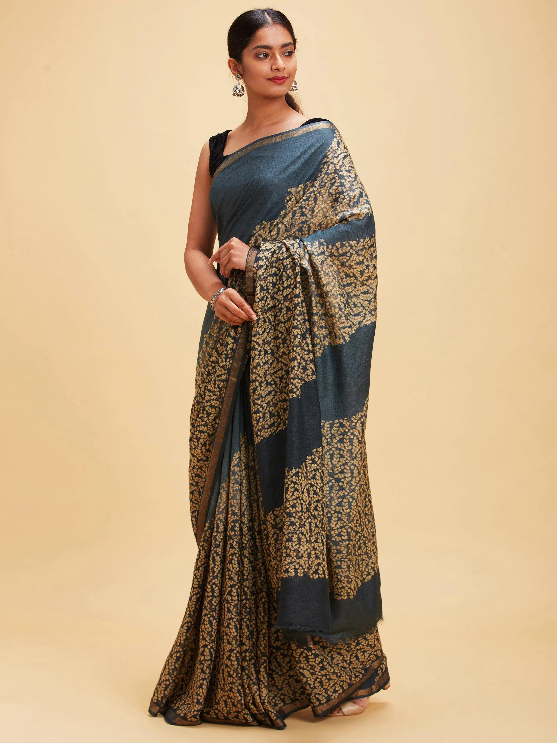 Dark Grey Tussar Silk Sari