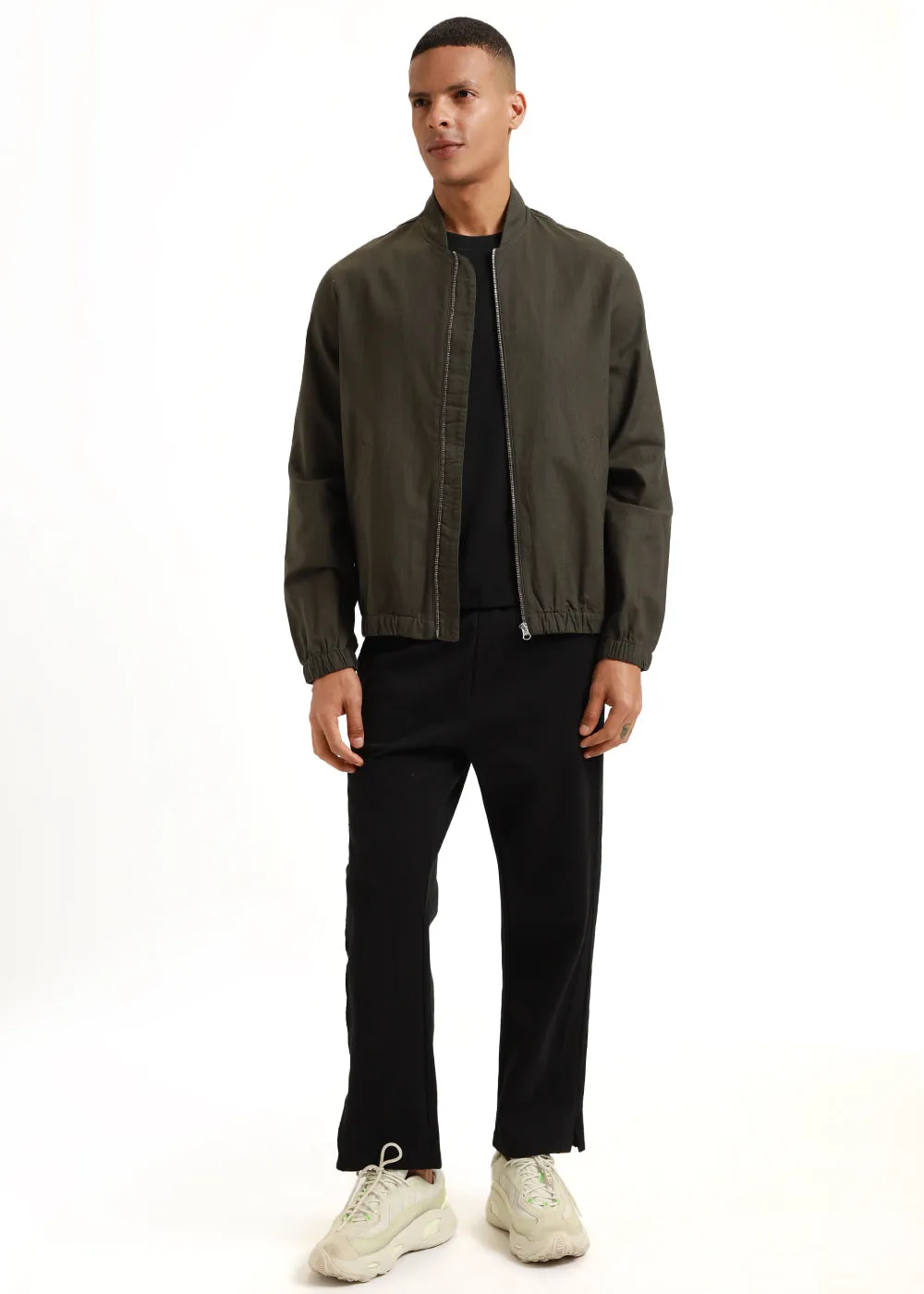 Deep Olive Green Bomber Linen Jacket