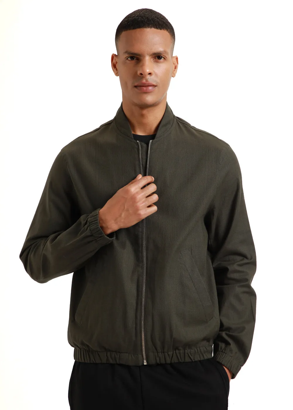 Deep Olive Green Bomber Linen Jacket