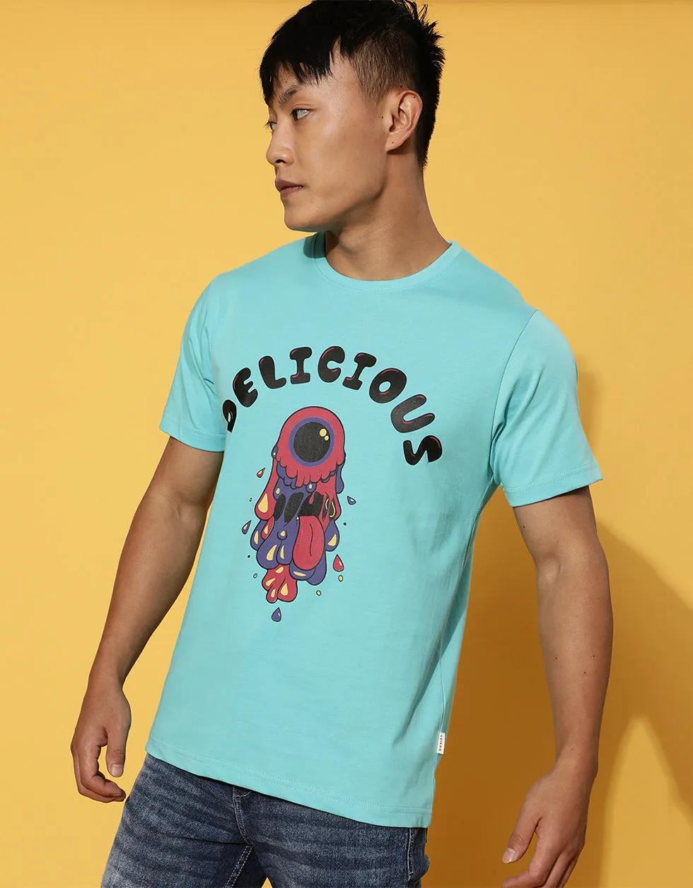 Delicious Printed Blue Chest Graphic Regular Printed Tshirt