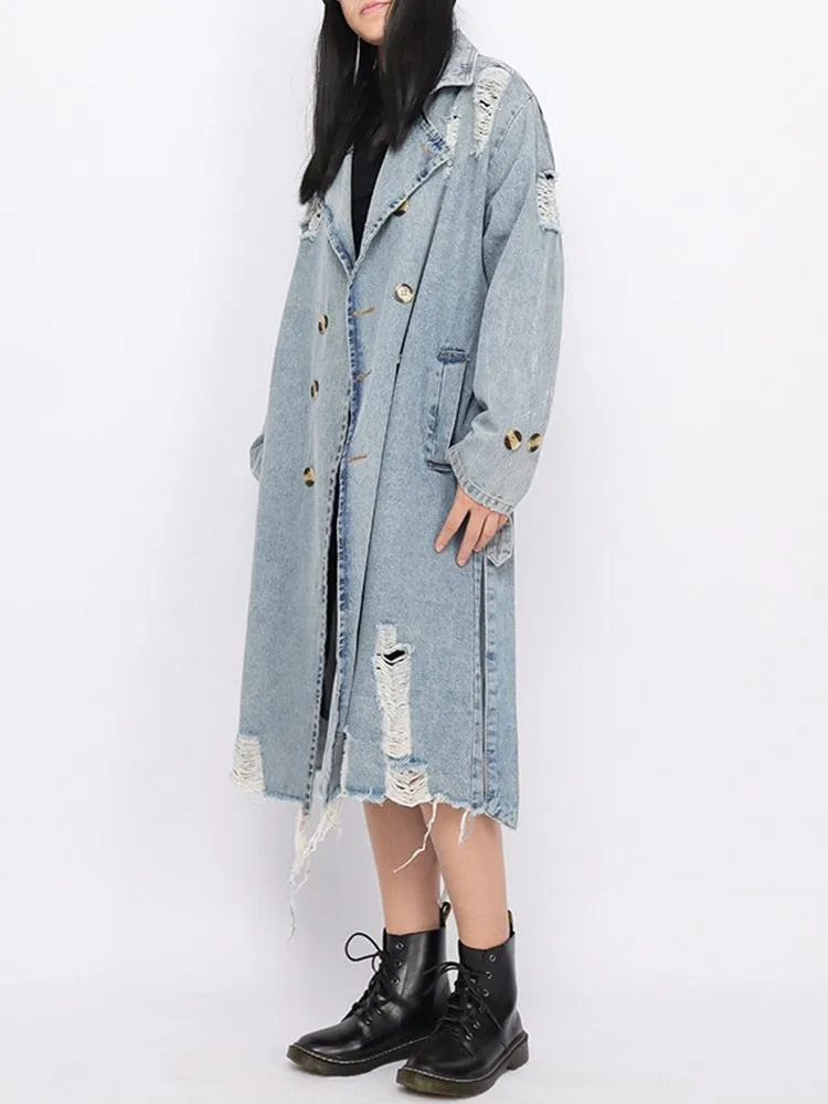 Distressed Denim Trench Coat