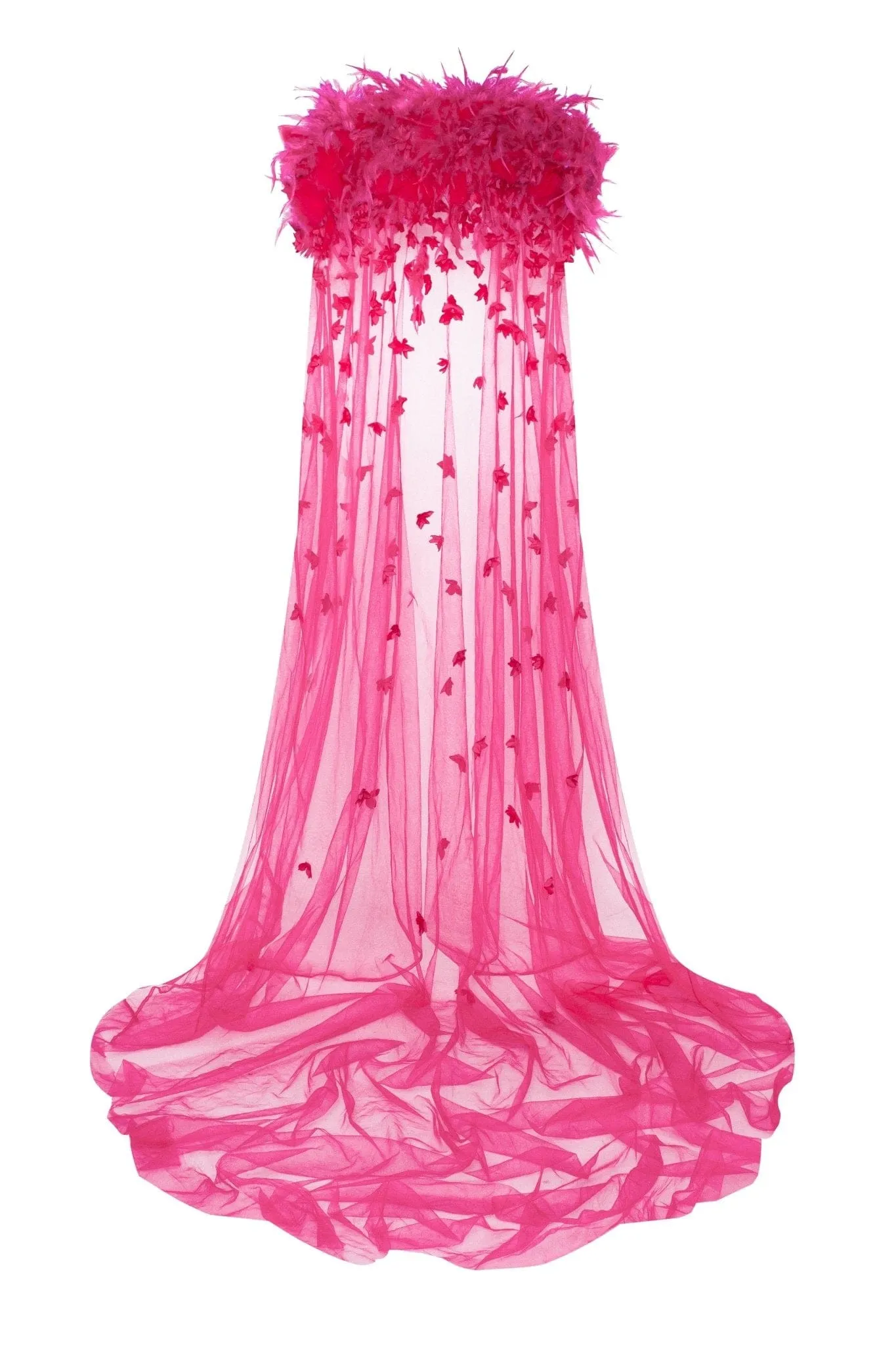 Epic fuchsia tulle mini dress with floral and feather application