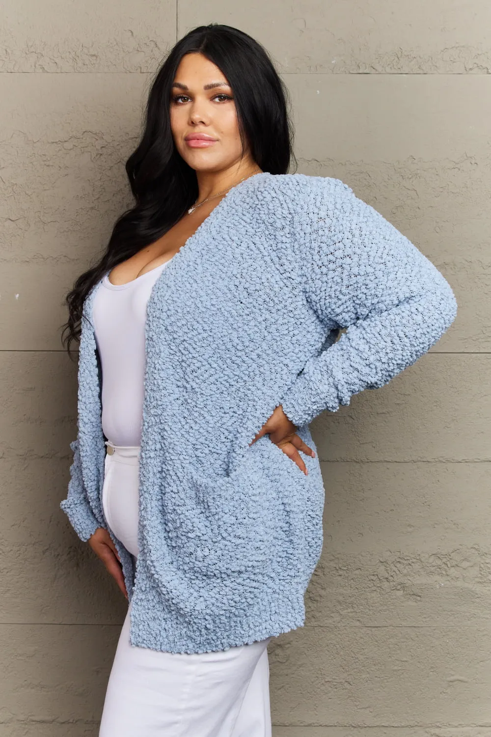 Falling For You Open Front Popcorn Cardigan in Pastel Blue