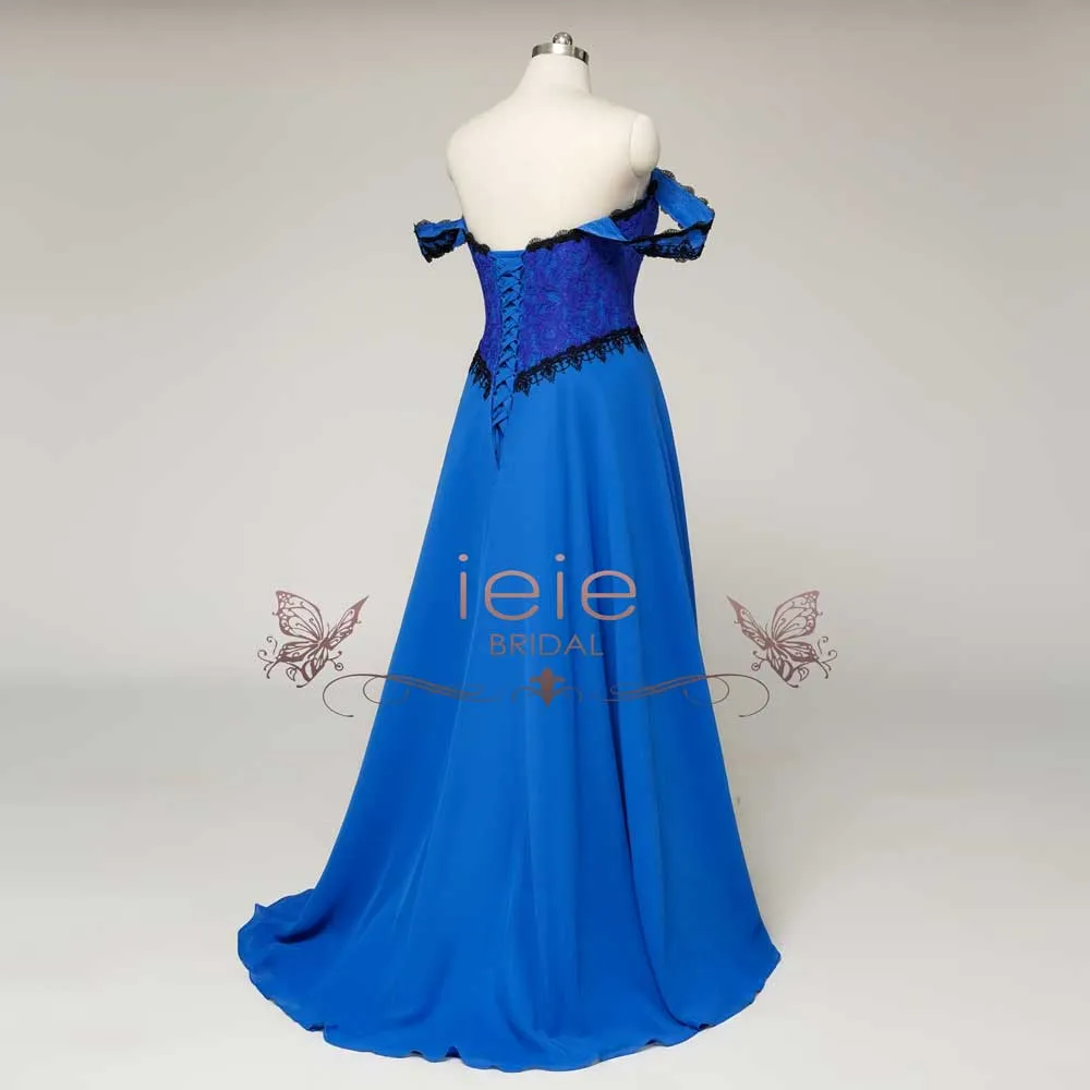 Fantasy Theme Royal Blue Lace Wedding Dress with Black Cape | MAUDE