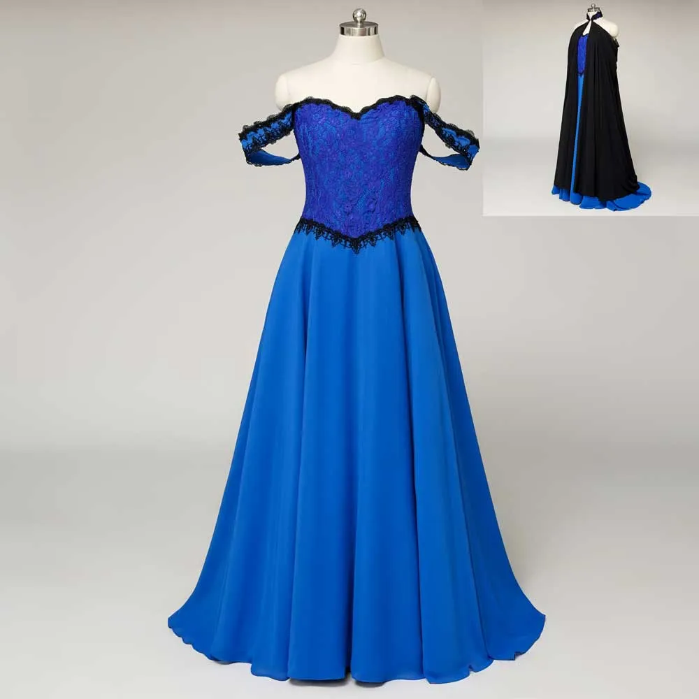 Fantasy Theme Royal Blue Lace Wedding Dress with Black Cape | MAUDE