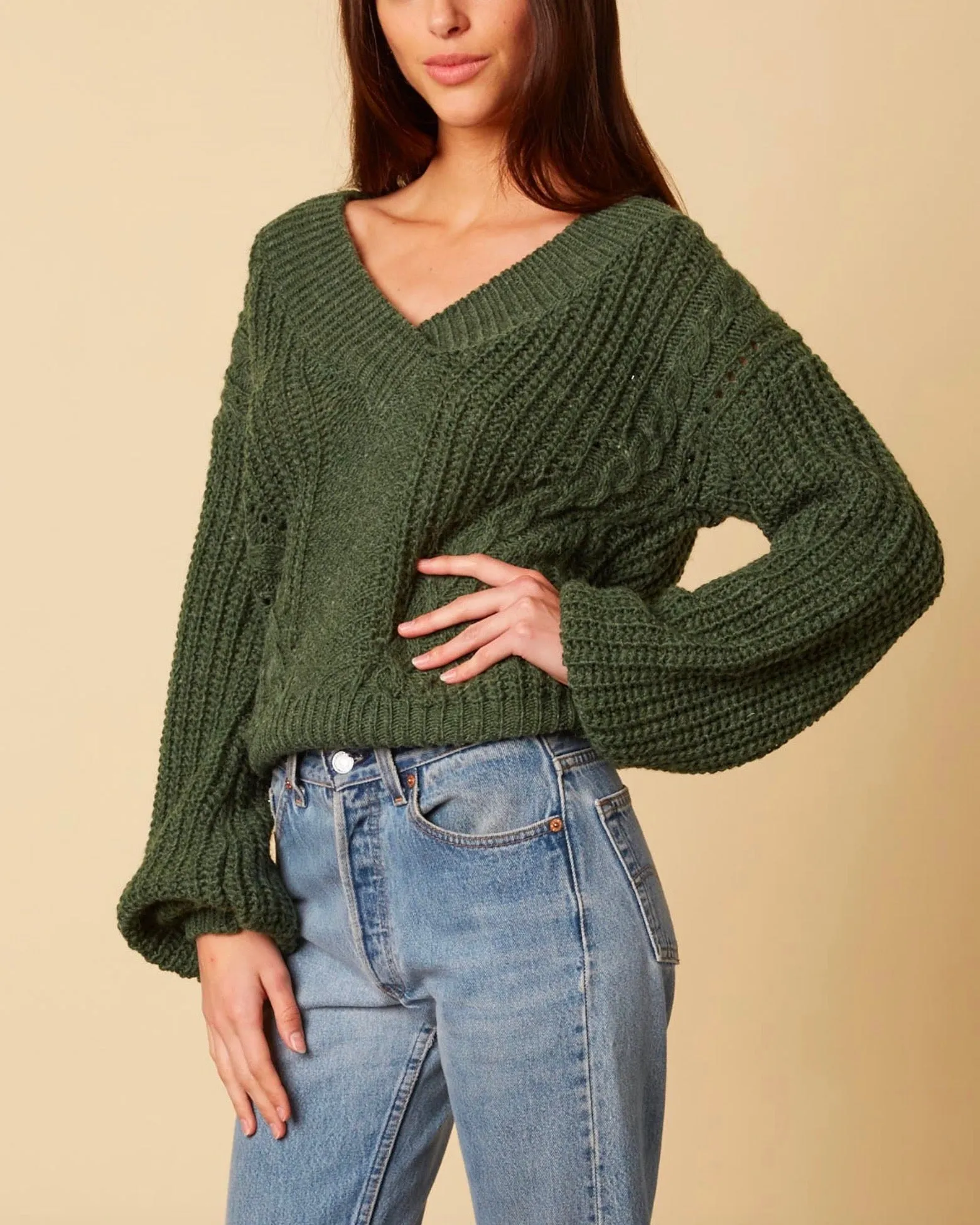 Final Sale - Better Now - Ribbed Trim Bishop Sleeve Sweater - Forest Green