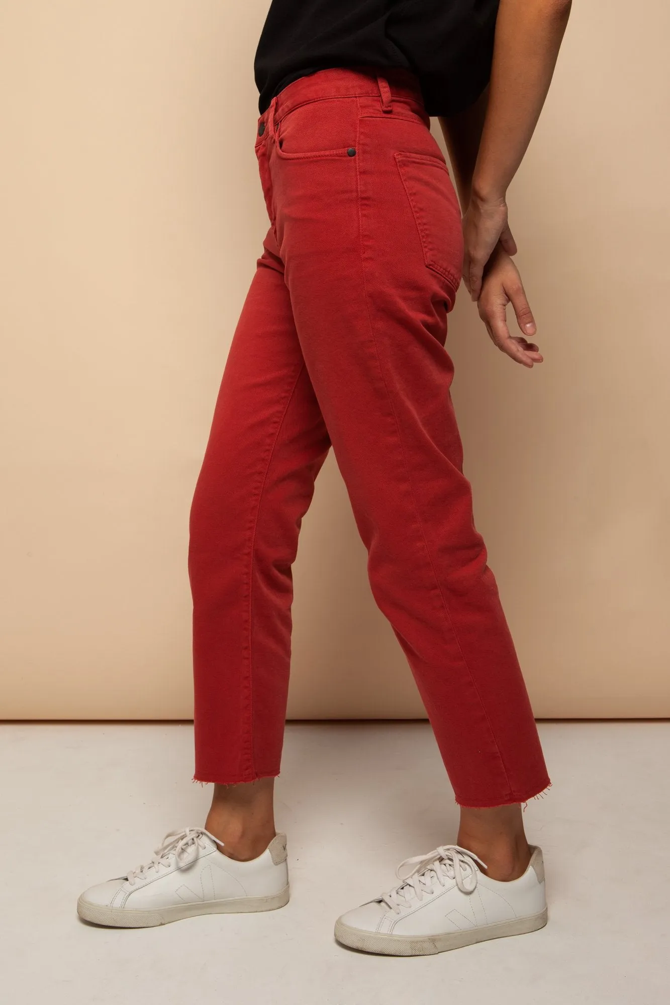 fjellaa cropped denim pants<br> aurora red <br> by ARMEDANGELS