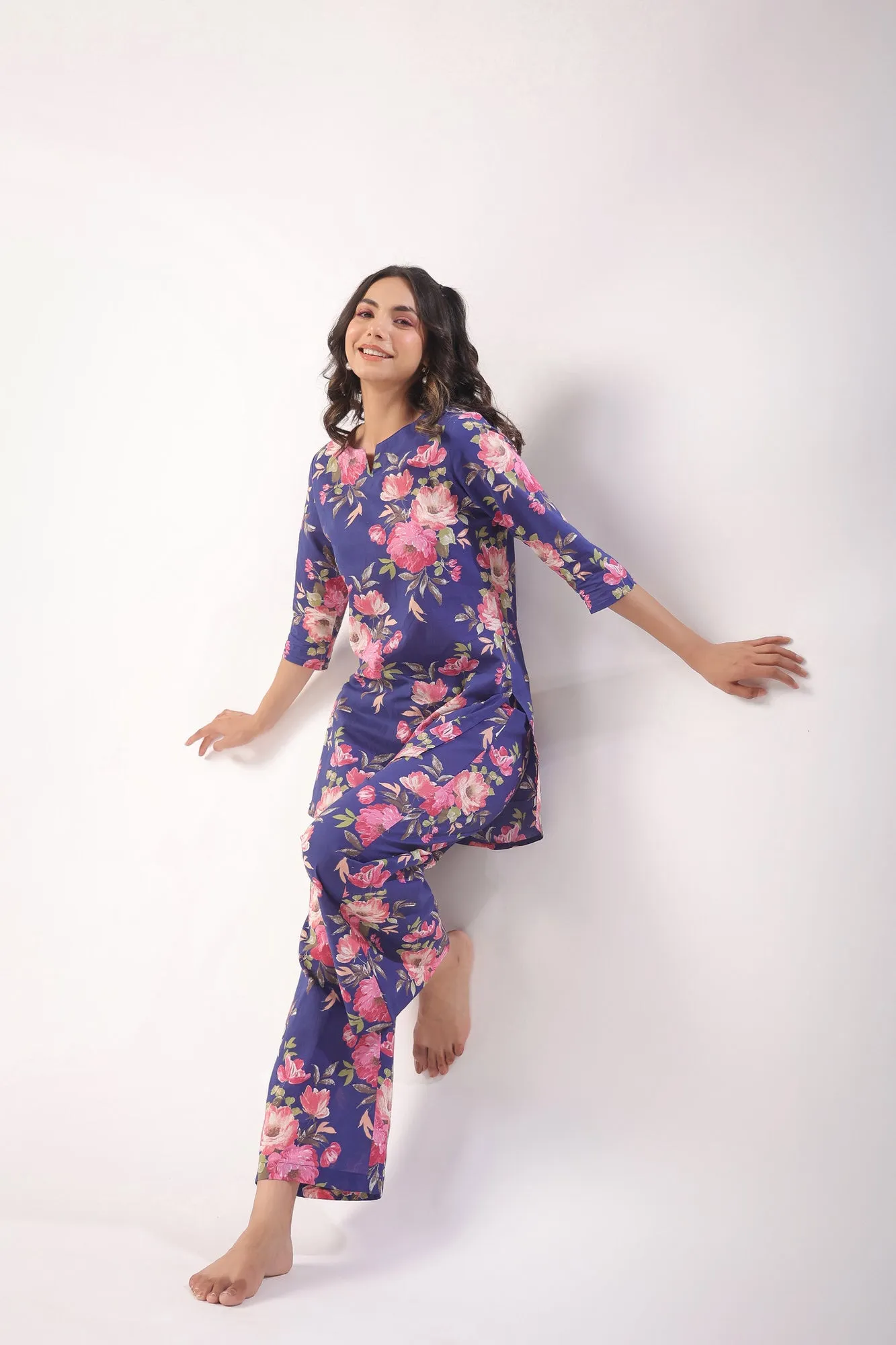 Floral Bouquet on Indigo Cotton Lounge Co-ord Set