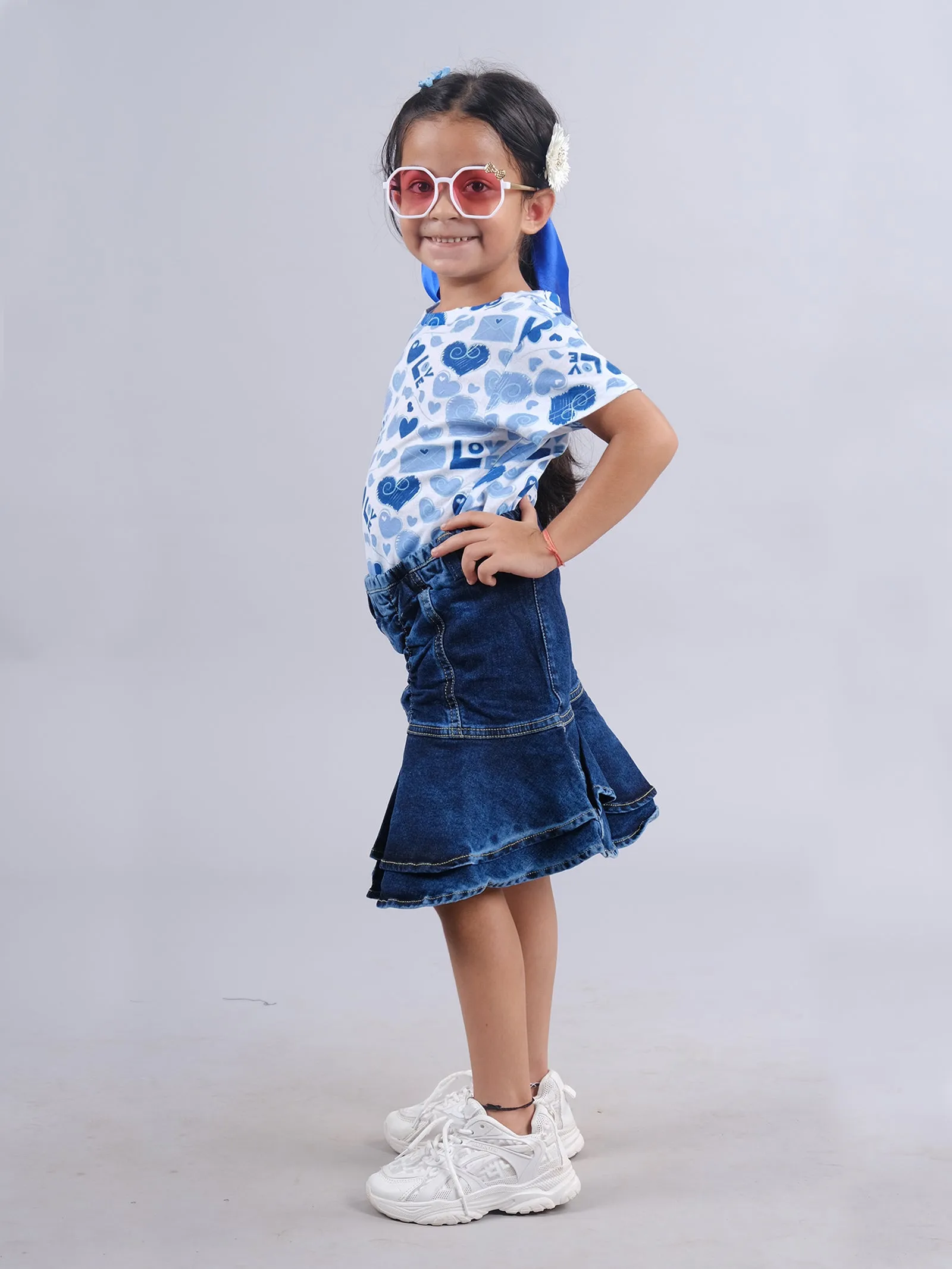 Girls Half Sleeve AOP Tee & Denim Ruffle Skirt Set